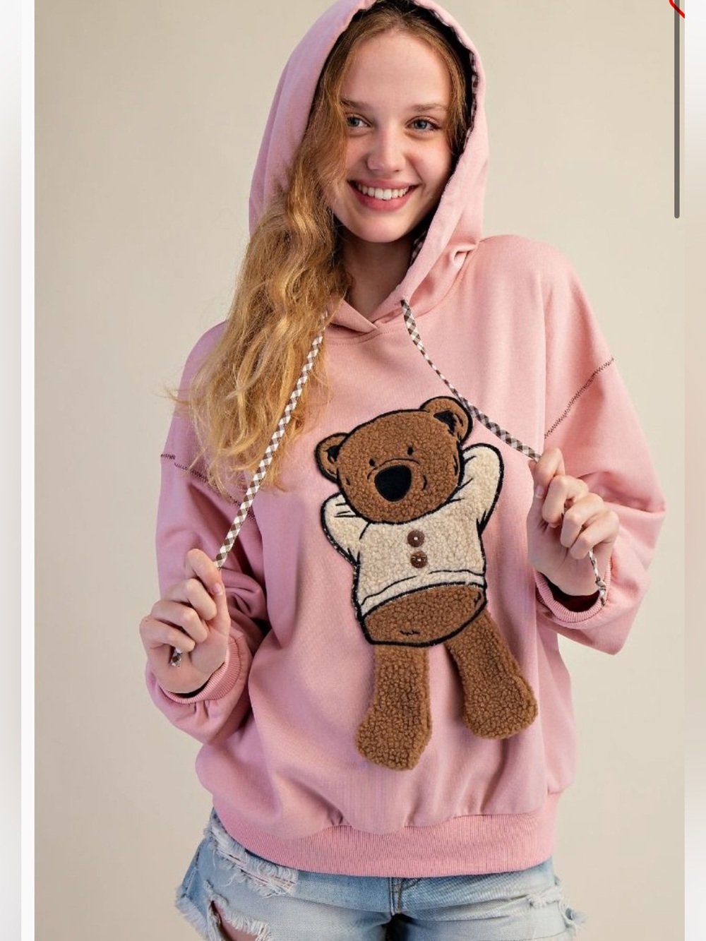 746.  Easel Teddy Bear Patch Hooded Pullover in Dusty rose